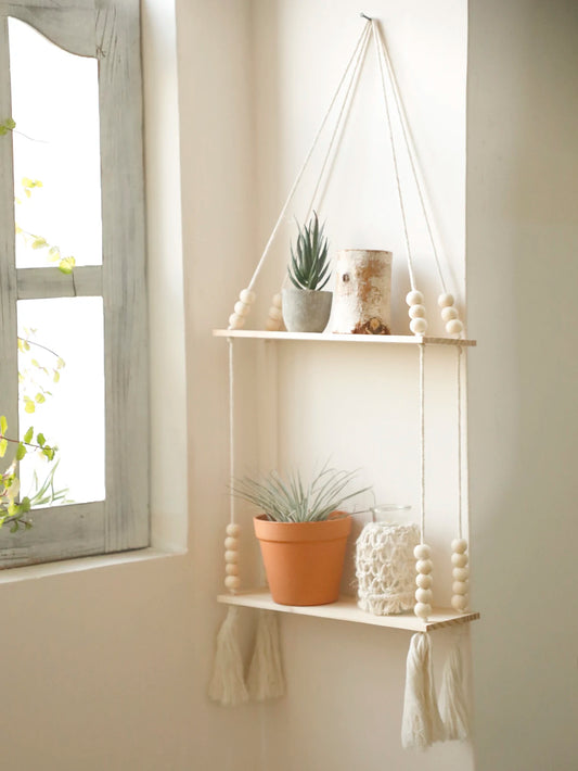 Macrame Hanging Shelf - Rustic Wood Floating Wall Shelf